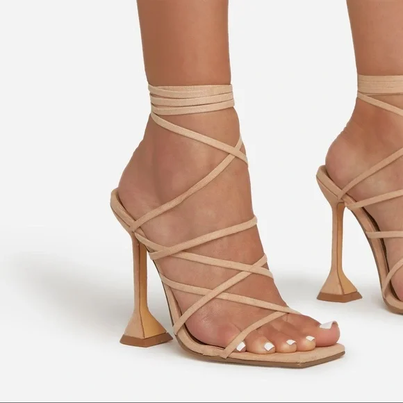 Square Toe Lace Up Nude Heels - Picture 2 of 3